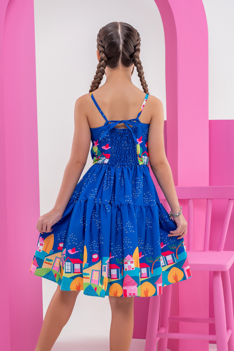 Vestido Infantil Helena Azul Casinha