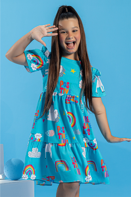 Vestido Infantil Azul Unicórnio