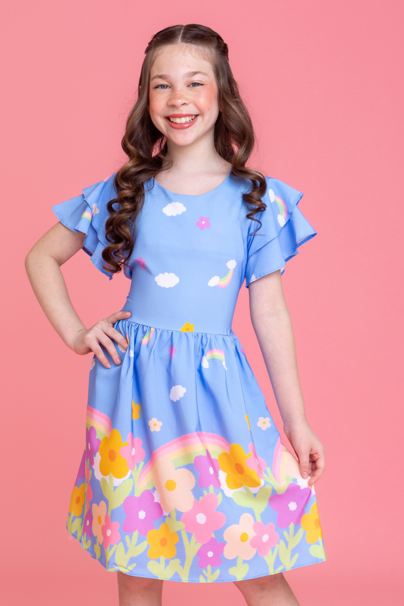 Vestido Infantil Menina Estampado Azul