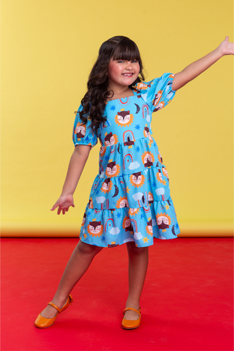 Vestido Infantil com Mangas Bufante Estampado Azul