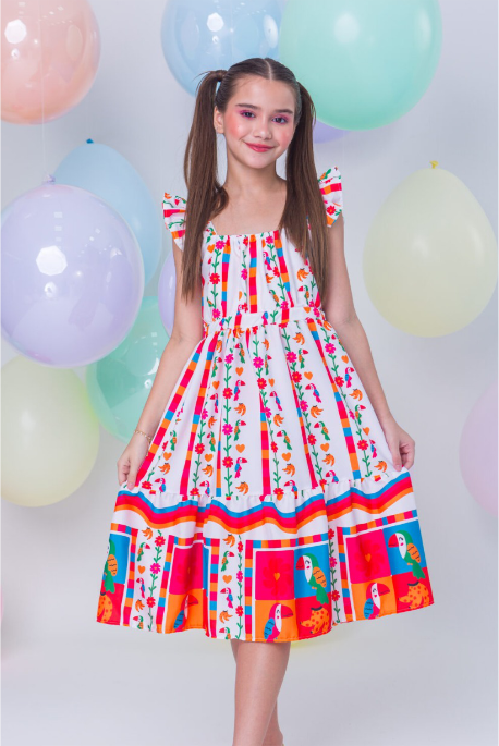 Vestido Infantil Branco Estampado Flor