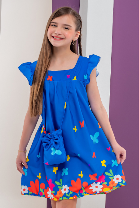 Vestido Infantil + Bolsinha Chloe Azul Borboleta