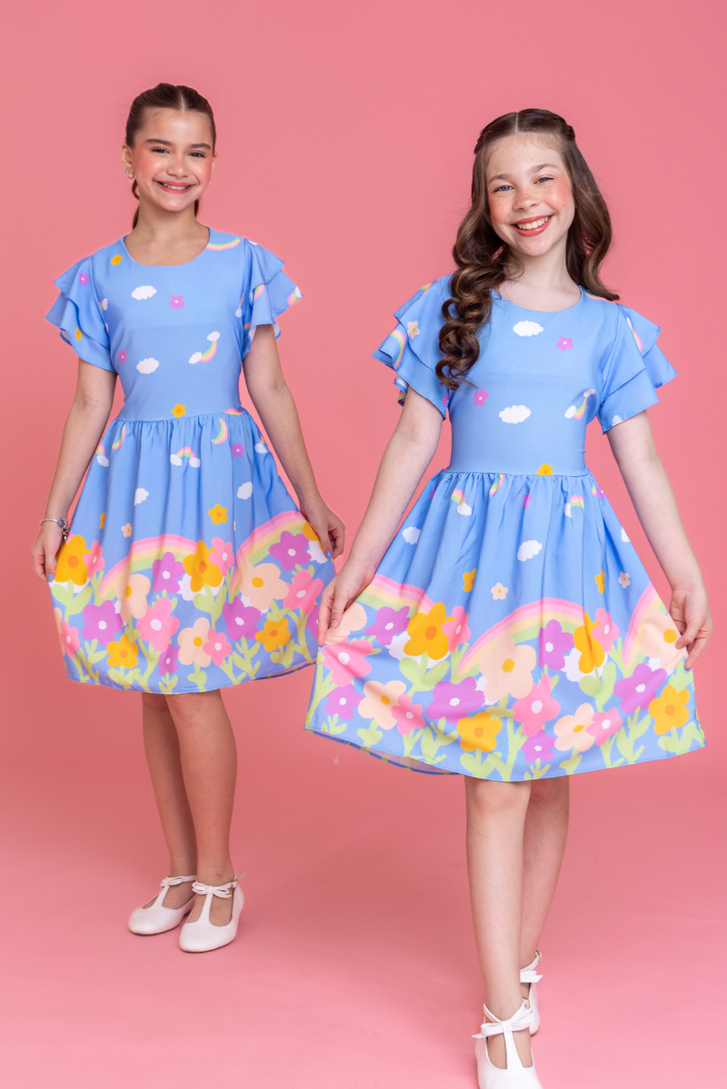 Vestido Infantil Menina Estampado Azul