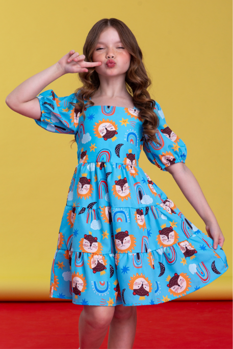 Vestido Infantil com Mangas Bufante Estampado Azul