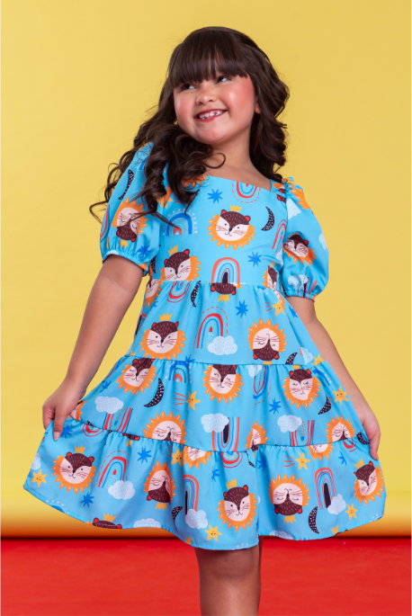 Vestido Infantil com Mangas Bufante Estampado Azul