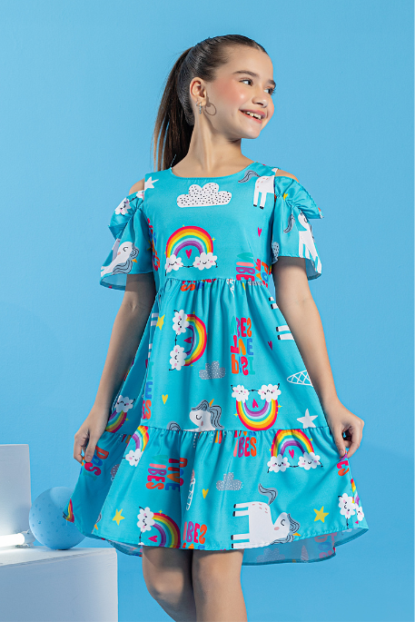 Vestido Infantil Azul Unicórnio