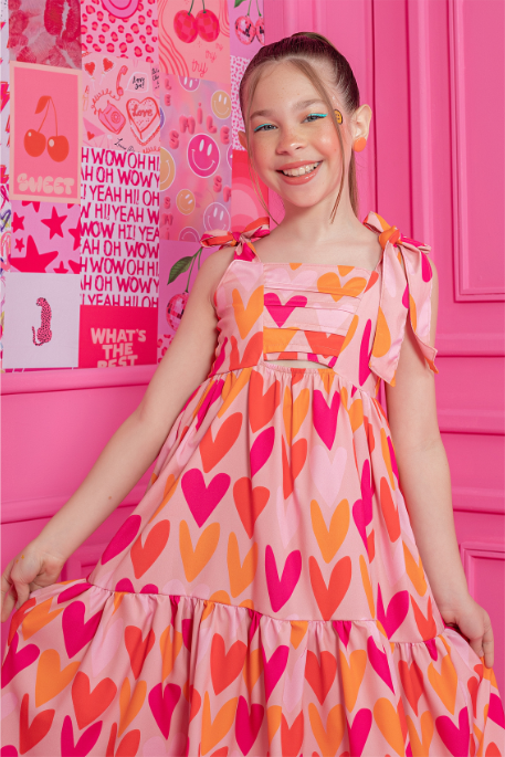 Vestido Infantil Estampado Rosa Corações Vitoria