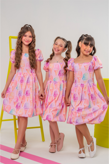 Vestido Infantil Balonê Rosa Candy Estampado