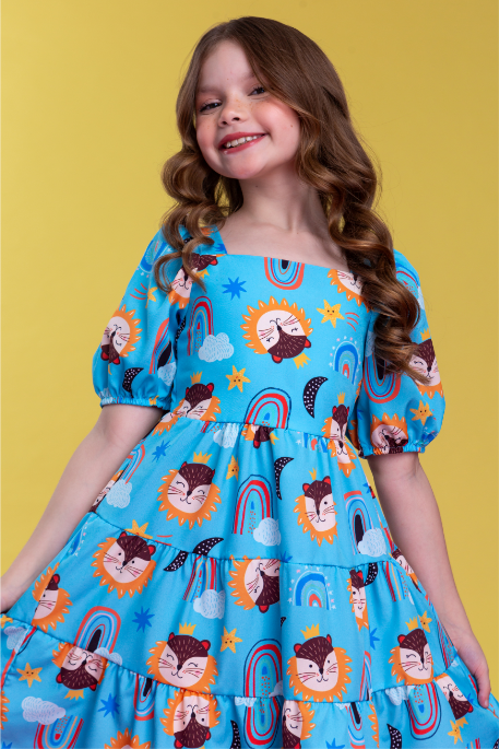 Vestido Infantil com Mangas Bufante Estampado Azul