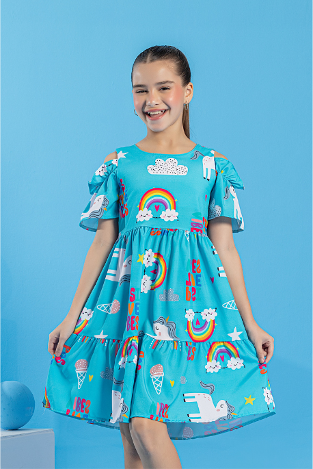 Vestido Infantil Azul Unicórnio