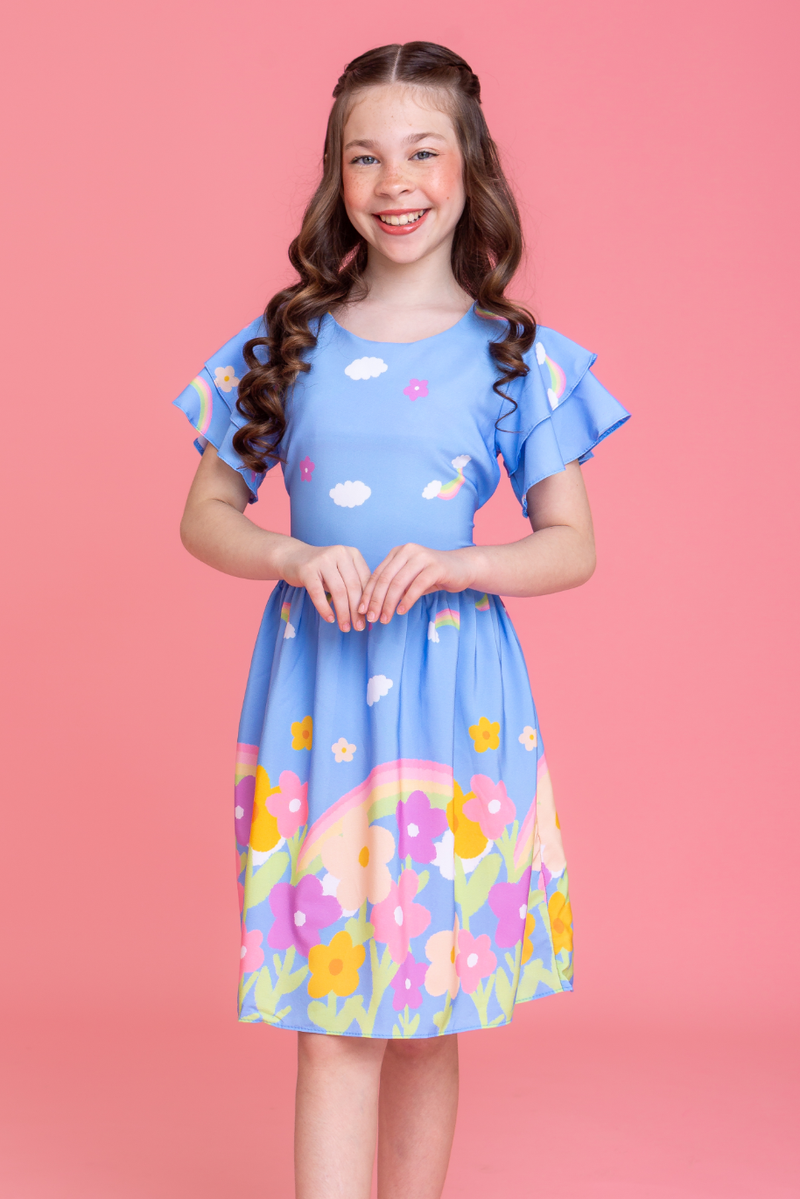 Vestido Infantil Menina Estampado Azul