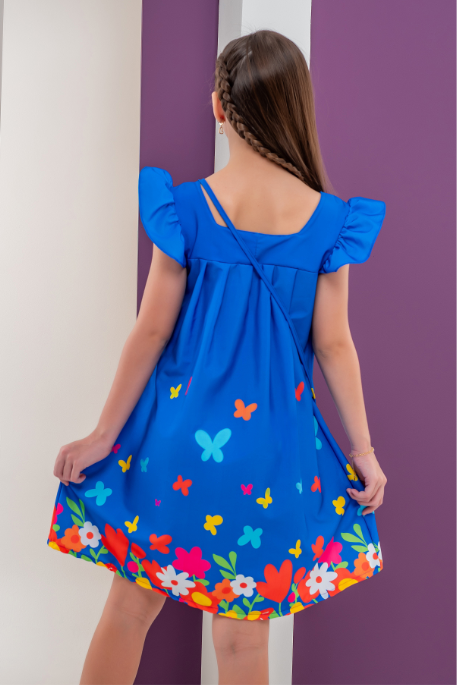 Vestido Infantil + Bolsinha Chloe Azul Borboleta