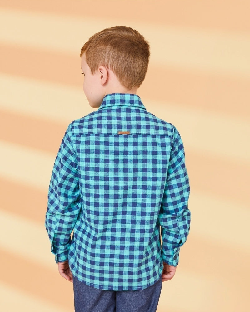 Camisa Xadrez Infantil Masculina Manga longa - Azul e Verde