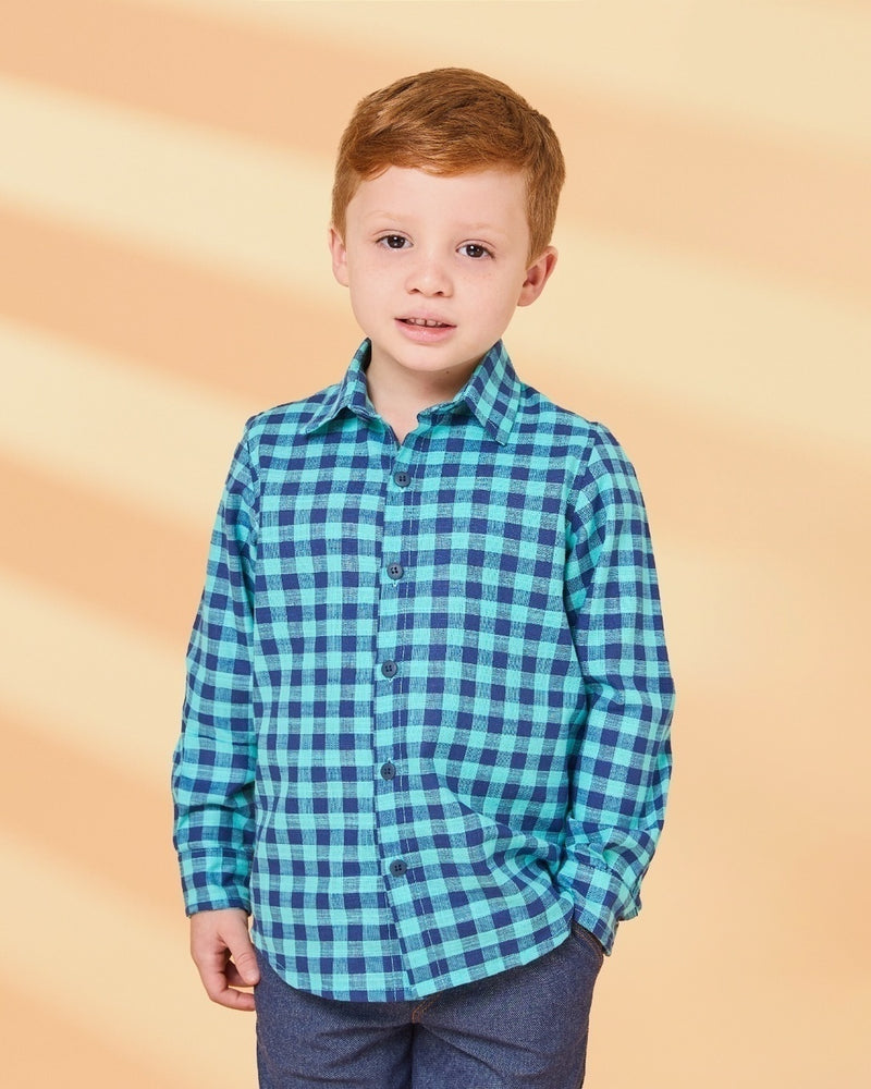 Camisa Xadrez Infantil Masculina Manga longa - Azul e Verde