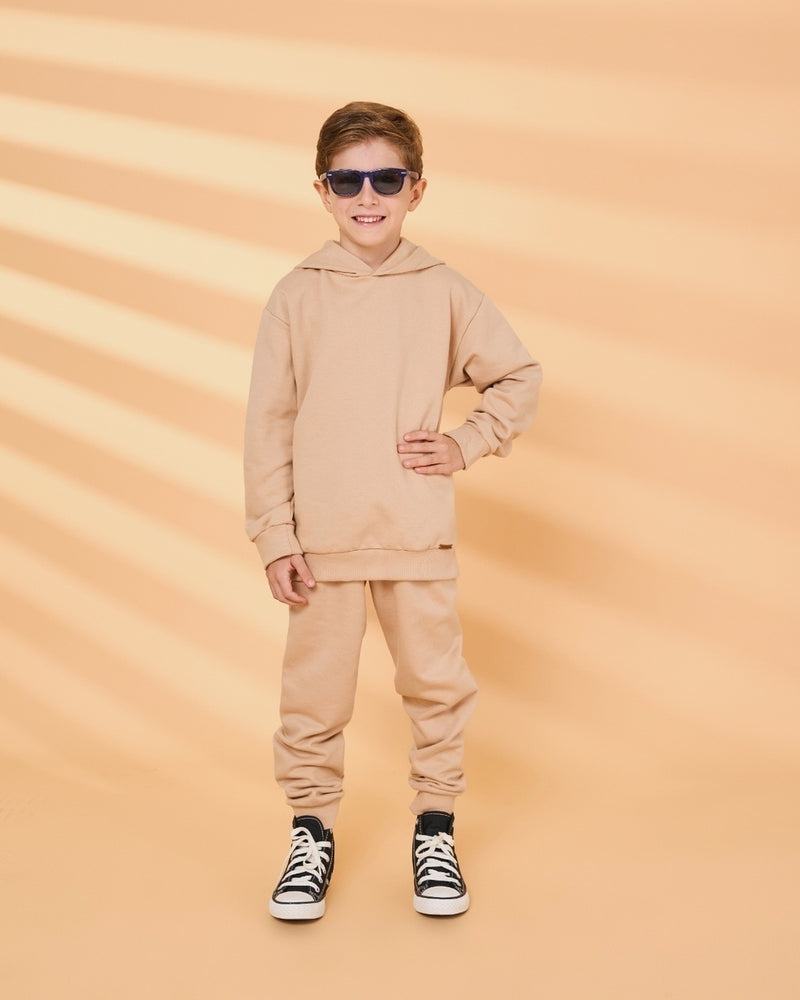 Conjunto Infantil Masculino Moletom Peluciado com Capuz Bege