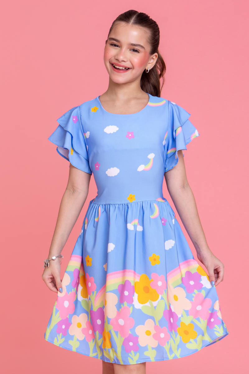 Vestido Infantil Menina Estampado Azul