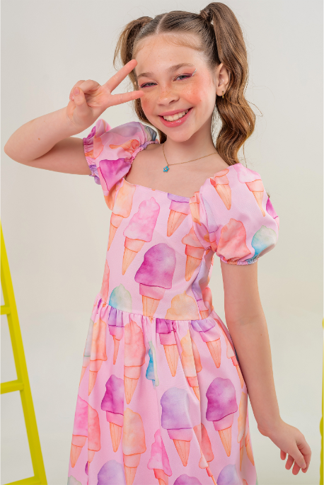 Vestido Infantil Balonê Rosa Candy Estampado